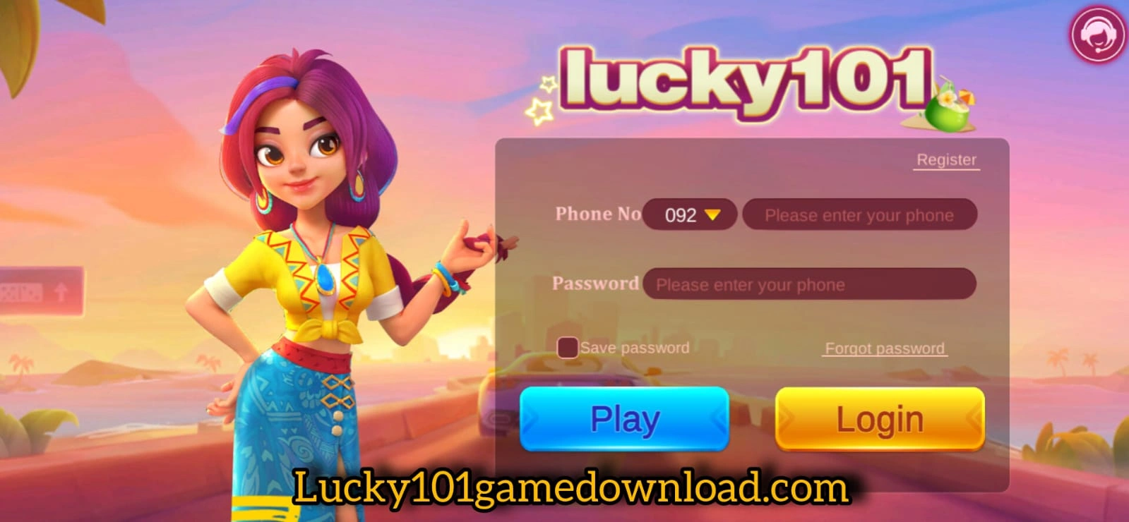 Lucky 101 Login interface screenshot