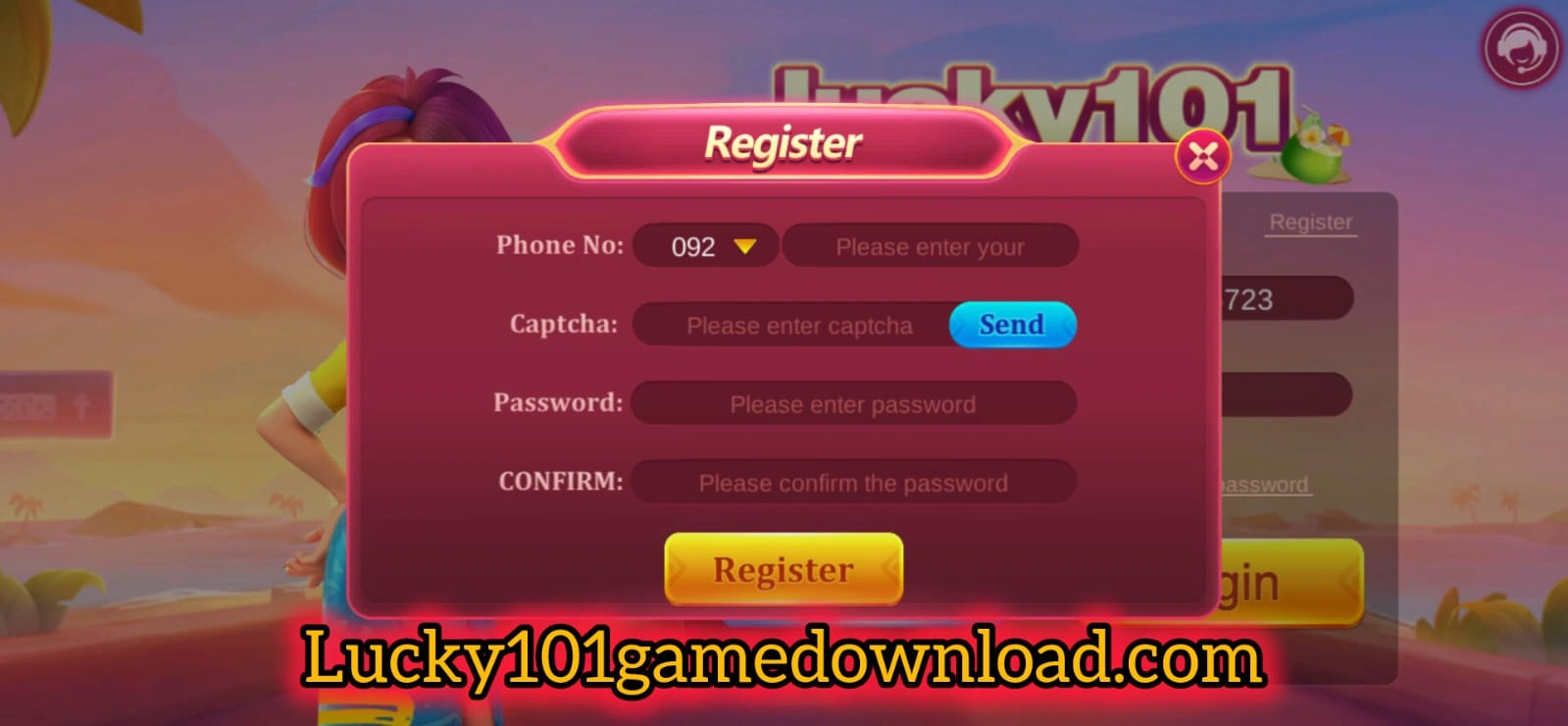 Lucky 101 Game Register interface screenshot