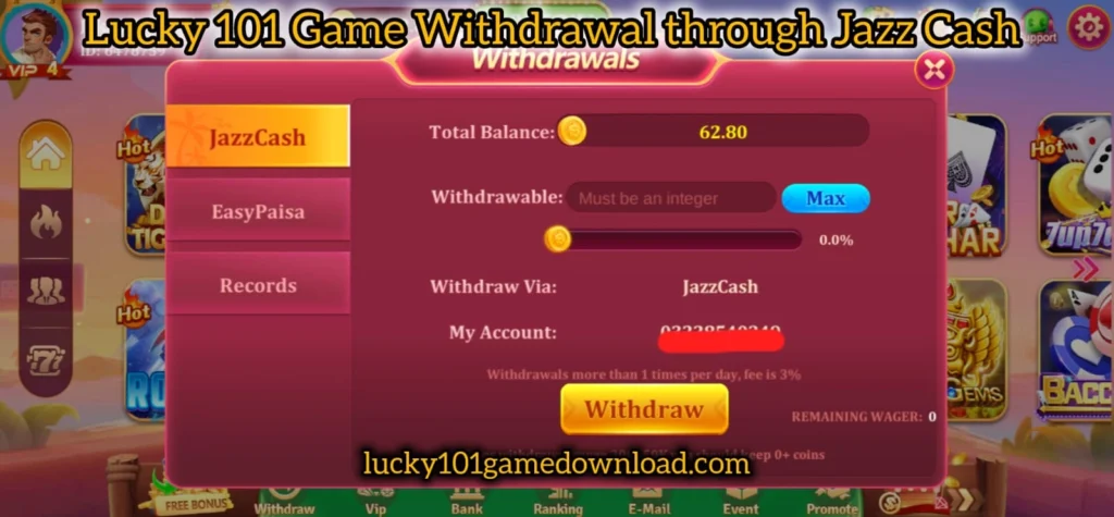 Lucky 101 Game Deposit and Withdrawal through Jazz Cash