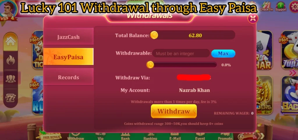Lucky 101 Game Deposit and Withdrawal through Easy Paisa